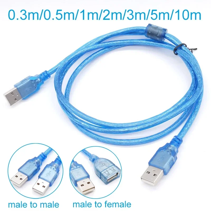 High Speed USB 2.0 Extension Cable 0.3M 1M 2M 3M 5M 10m Transparent Blue Male To Female / male USB Extension Cord Copper cable