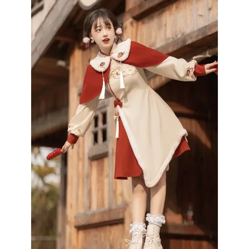 2024 Winter Kawaii Red Stand Collar Warm Lolita Dress with Shawl Women's Clothing Improve Chinese Style Cheongsam Dress Qipao