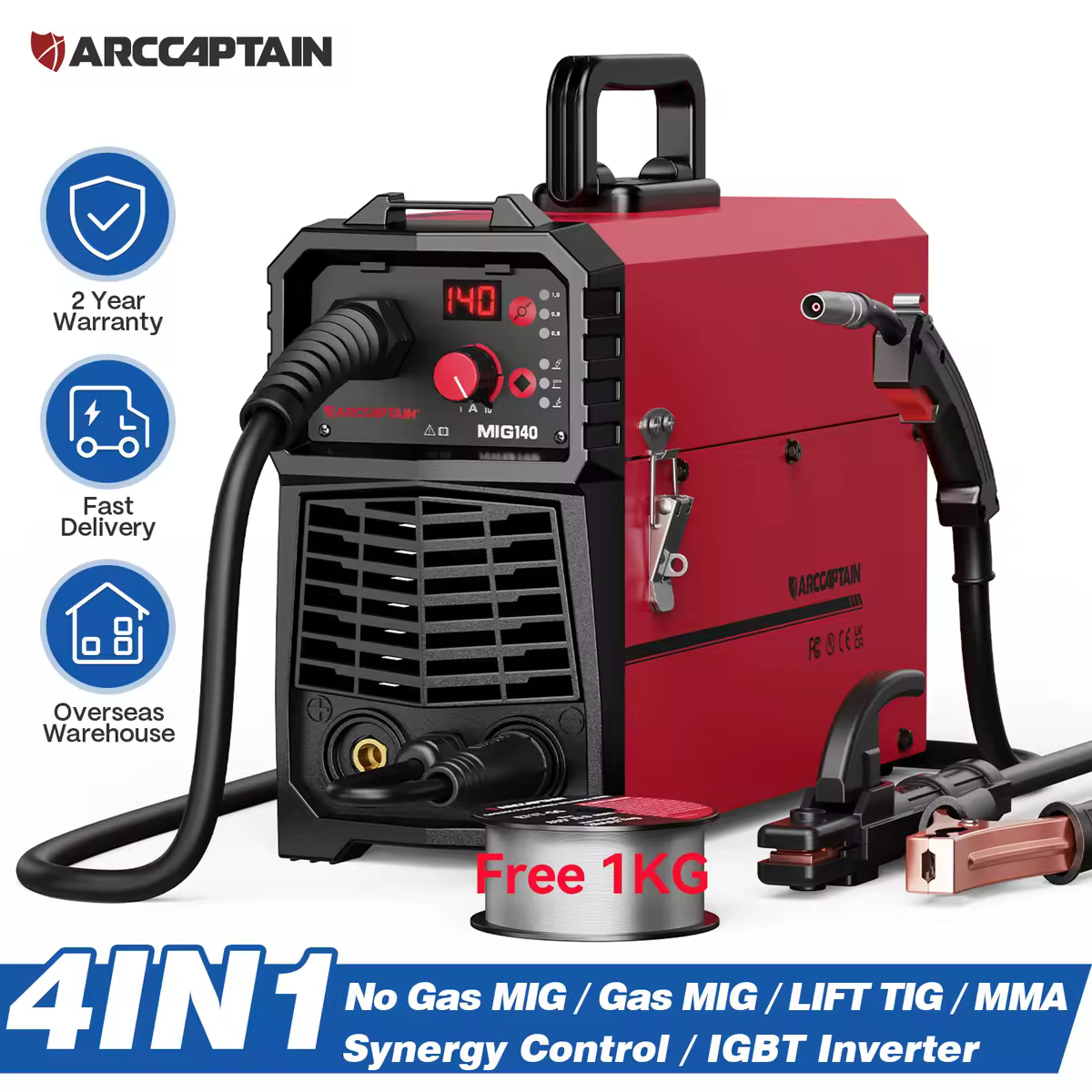 ARCCAPTAIN 4 viename 220 V 140 amperų pusiau automatinis MIG suvirinimo aparatas, skirtas Tig, argono, lanko, MMA, MIG, MAG, dujų suvirinimo aparatas IGBT, „Synergy Tools“.