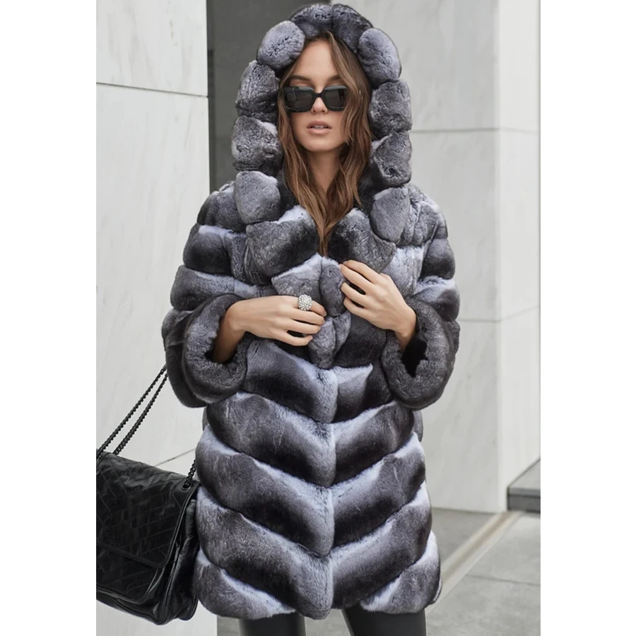 Abrigo de piel para mujer, abrigo de piel de conejo Rex auténtica de Chinchilla con capucha, chaqueta de piel de invierno de marca de lujo para mujer