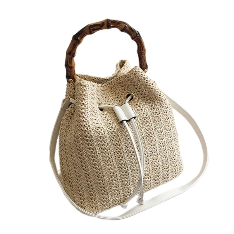 E74B Breathable Casual Straw Bucket Bag Outdoor Handheld Handbag Shoulder Bag Crossbody Purse for Women