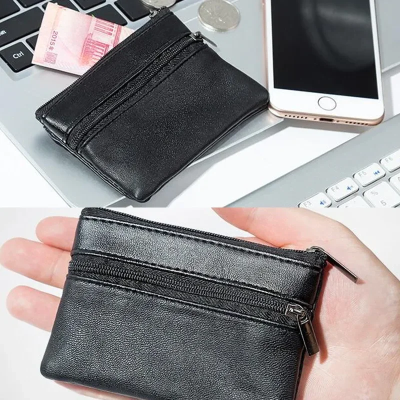 Men's Black Leather Coin Purse Single Zipper Multi-Function Mini Wallet for Mobile Phone And Coins