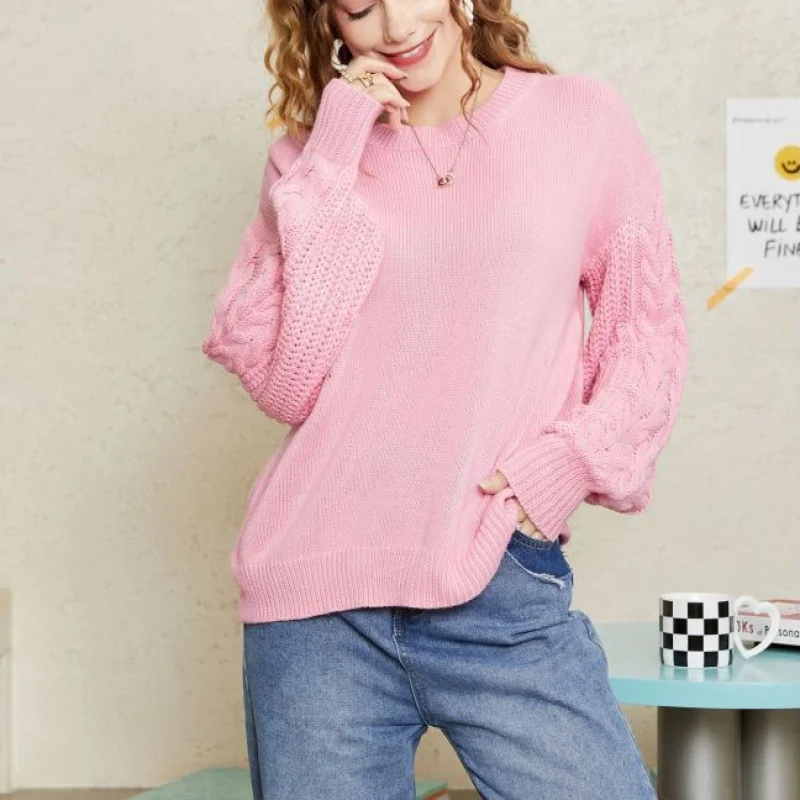 

Retro Knitted Sweater round Ne Loose Comfortable Spring Autumn Self-Research And Development Sweet Sle Long Sve Cotton...