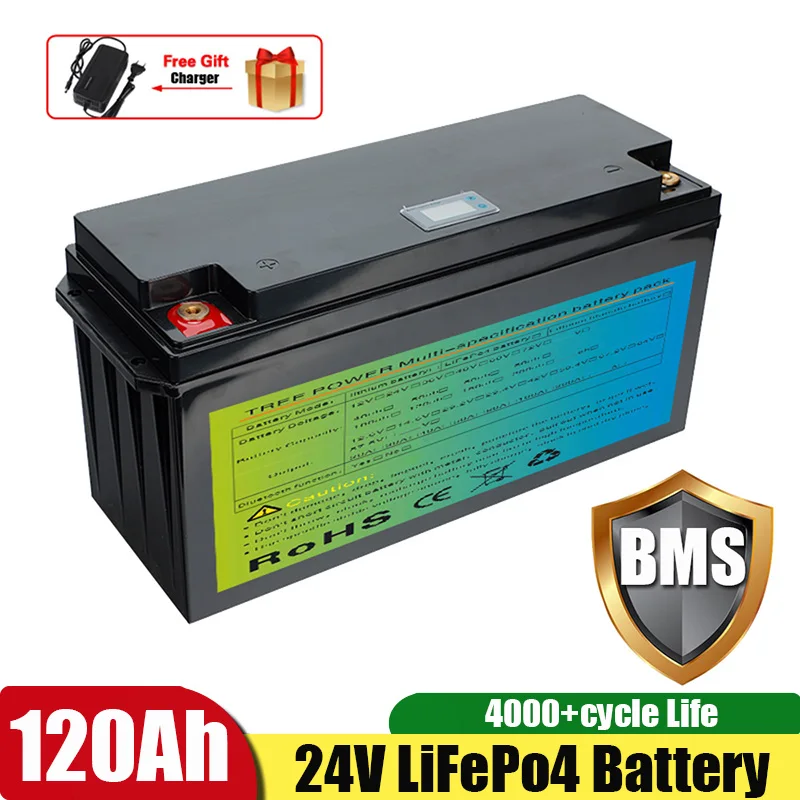 24V 120AH Lifepo4 Bulit-in BMS Lithium Iron Battery Pack Bluetooth 24V Rechargeable Batteries For Boat Motor RV + 10A Charger