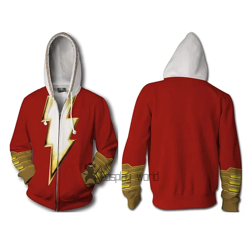 Movie Billy Batson Cosplay Hoodies Autumn Print Zipper Superhero Sportswear Hooded Party Shazam Jacket Polyester Spring Uniform