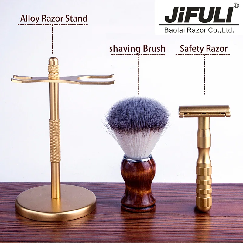 JiFULI - High Quality Men Classic Double Edge Safety Razor Alloy Material Shaver Stainless Steel Blade Shaving Brush Holder Set