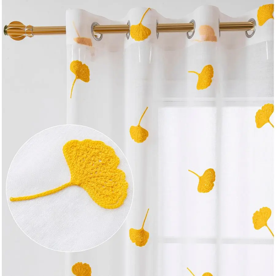 

Sheer Curtains 95 Inches Long Embroidered Leaf Patterned Linen Look Floral Semi Sheer Curtain for Kids Bedroom Living Room Gromm
