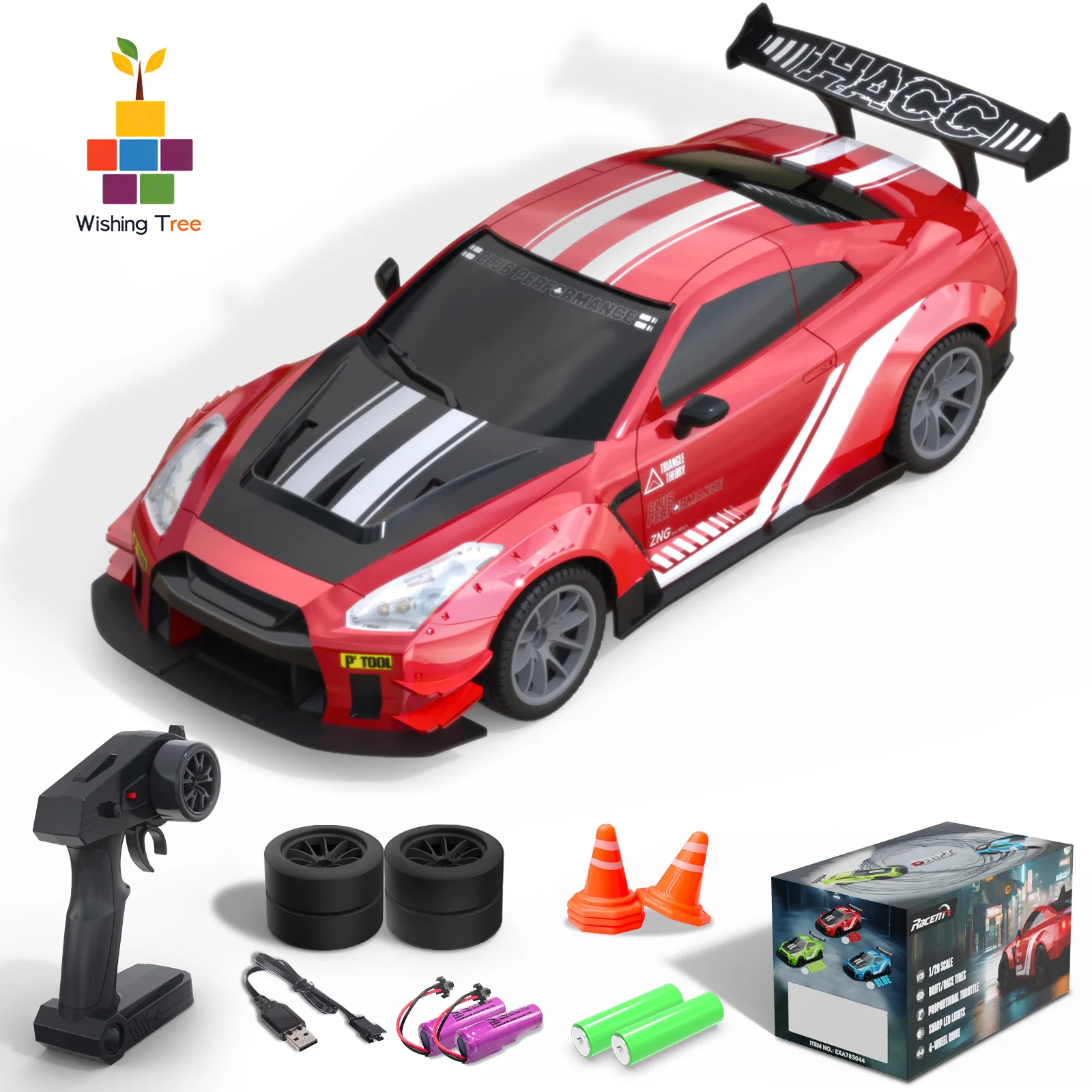 

1:20 Scale RC Drift Car with LED Lights, Remote Control Racing Model, Red/Blue/Green, Dual Battery Version