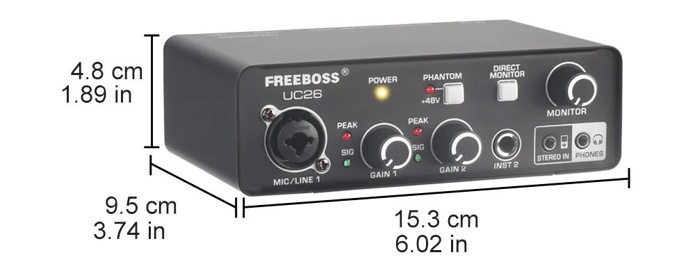 FREEBOSS Stereo Recording Audio Interface Guitar ASIO4ALL 3 Channels Input Monitor 48V External Usb Sound Card for Studio UC26