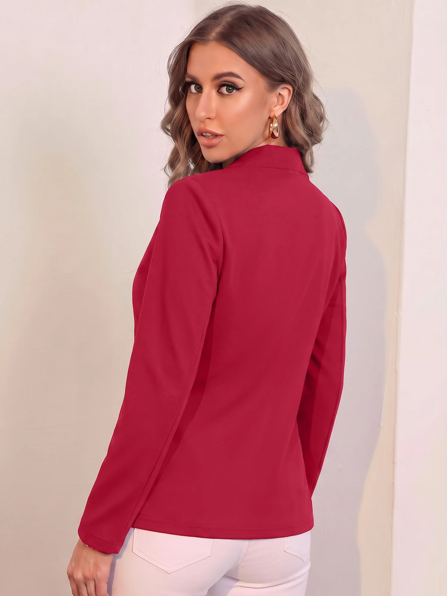 Women Solid Stand Collar Open Blazer Long Sleeve Slim Fit Business Work Suit Jacket Female Outerwear