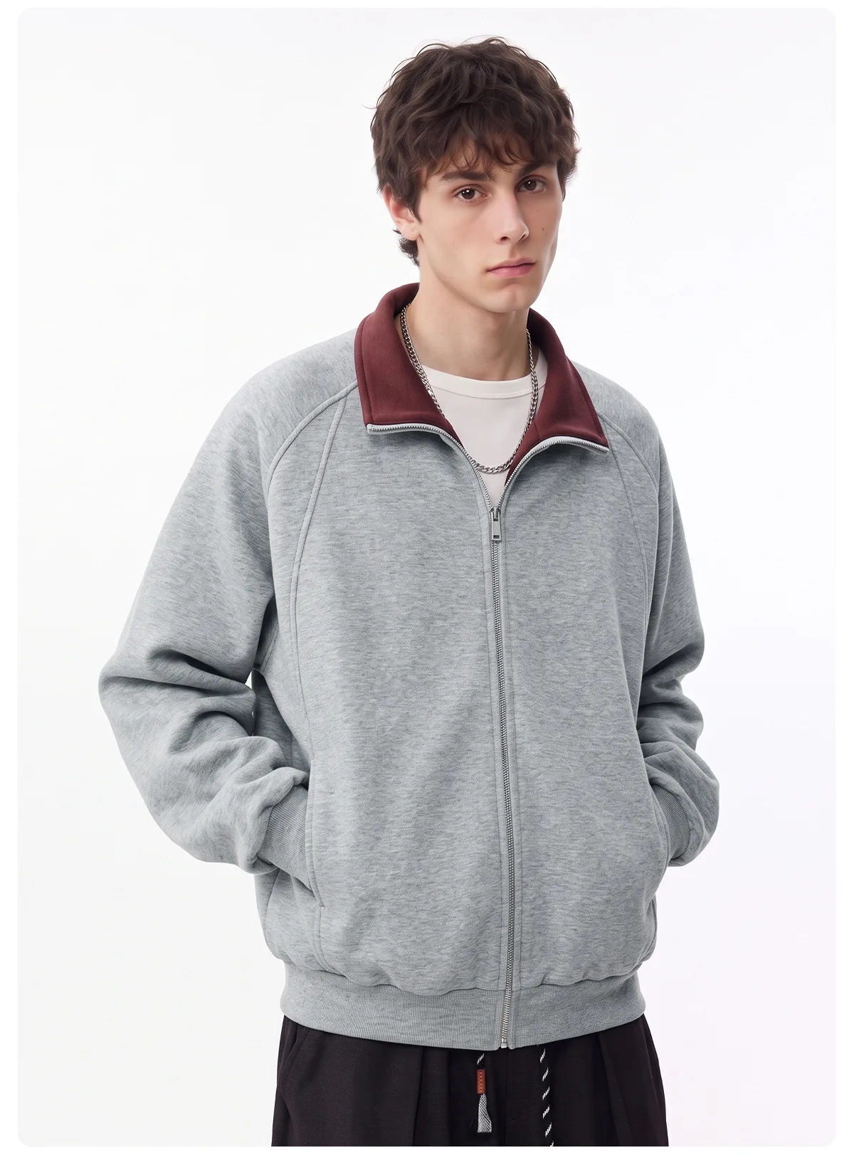 Men's Sports Cardigan Sweatshirt Warm Loose-Fitting Turn-Down Collar Color-Blocked Textured Jacket Heavyweight Soft