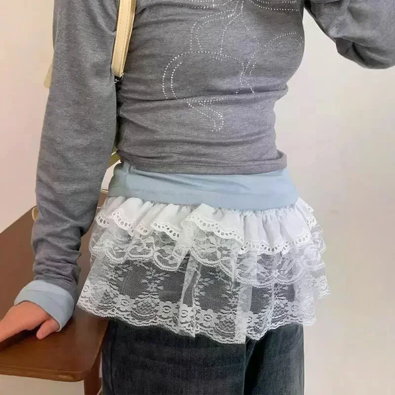 패션 레이스 불규칙 스커트 커튼 화이트 플라워 레이스 메쉬 하프바디 스커트 여성 여름 바지 청바지 장식 밑단