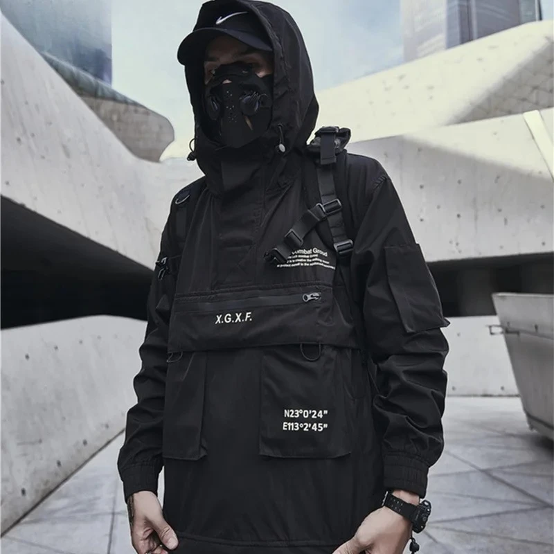 الرجال ملابس داكنة ربيع الخريف جديد المد شخصية التكتيكية سترة سفاري نمط شيك معطف مقنعين Techwear