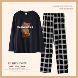 Women Autumn Winter Pajamas Cartoon Bear Set Home Wear Black Short-Sleeved Plaid Trousers Women Sleepwear Couple Nightwear Girl