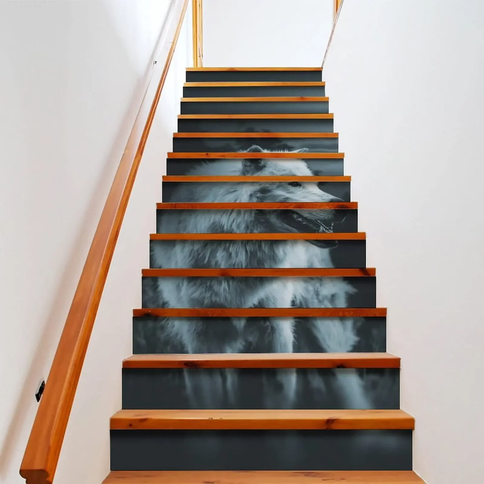 Wolf Stair Stickers Night White Wolf Staircase Riser Mural Animal Wildlife Self-Adhesive Removable Stair Decals Indoor Decor