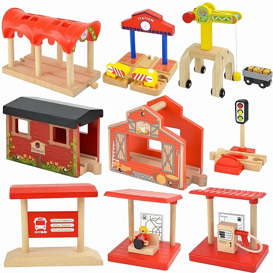 Pièces de pont tunnel en bois pour enfants, accessoires de piste de ville, poste de police Fire DEPT, train de croix, nuit de route, jouets en bois, cadeaux