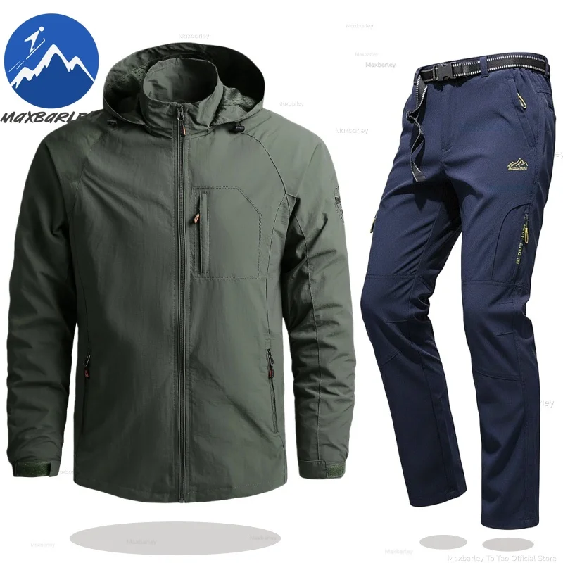 

Maxbarley Camping Sets Men Gorpcore Hooded Soft Shell Windbreaker Coat +Pants Sports Suit Man Mountain Waterproof Tracksuit Set