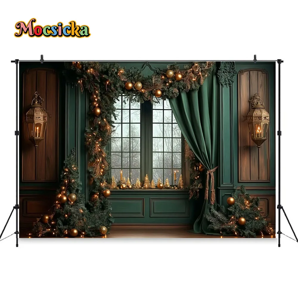 Christmas Room Window Background Photography Vintage Green Curtains Lanterns Wooden Backdrop Winter Family Birthday Party Photo