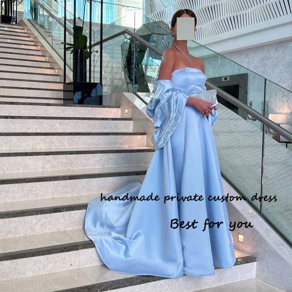 

Blue Satin Evening Dresses with Jacket Strapless Arabian Dubai Formal Prom Dress with Train Long Evening Party Gown Lace Up Back