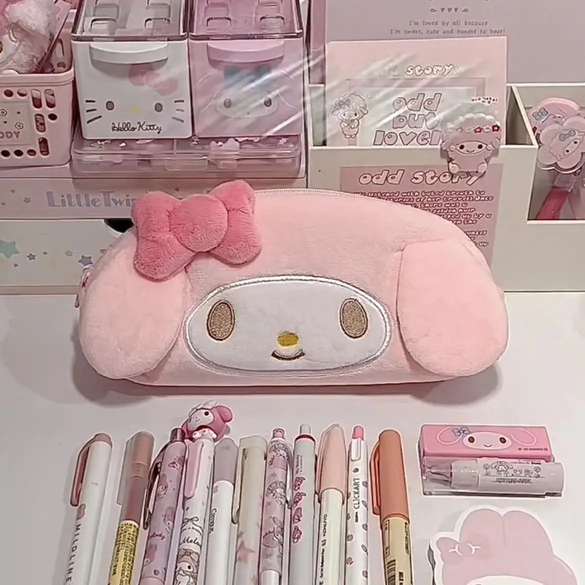 Cute My Melody Plush Bag Anime Sanrio Melody Pink Stationery Storage Bag Cartoon Kawaii Pencil Case Girl School Birthday Gifts