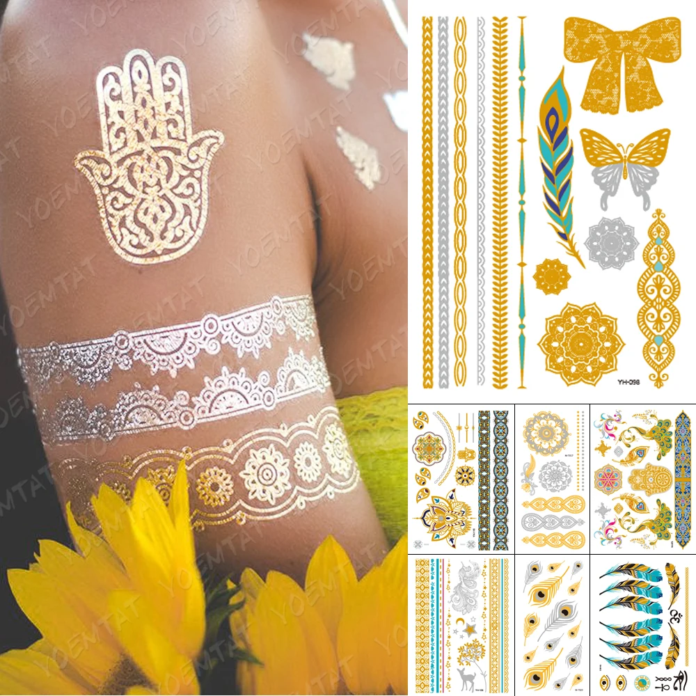 

Waterproof Temporary Tattoo Sticker Bow Butterfly Henna Mandala Gold Silver Metallic Flash Tatoo Boho Jewelry Glitter Body Art