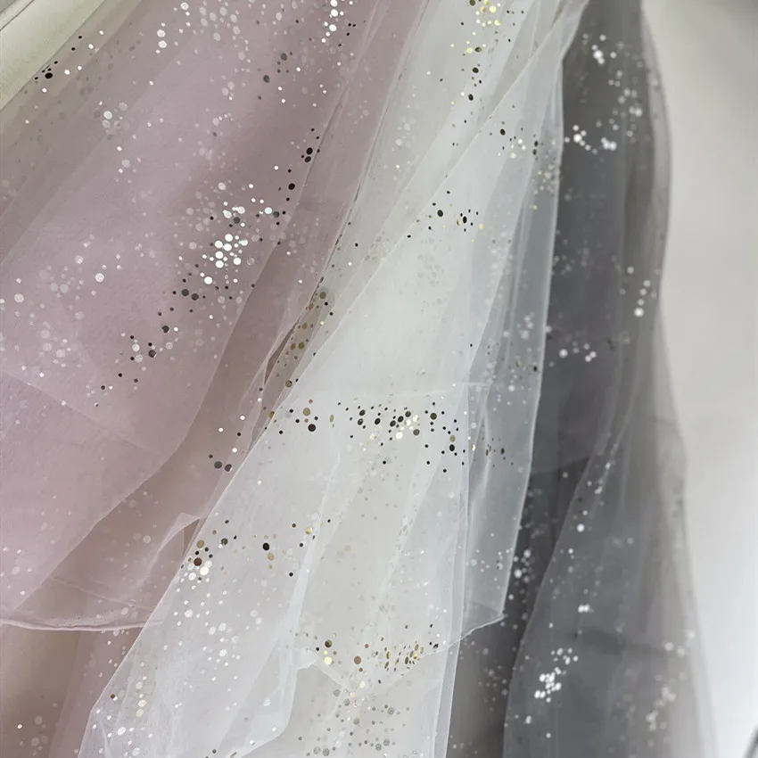 No Falling Pink Shiny Cameo Paste Purplish Gray Bronzing Mesh Draping Fabric for Wedding Dress Scene Layout Fabric