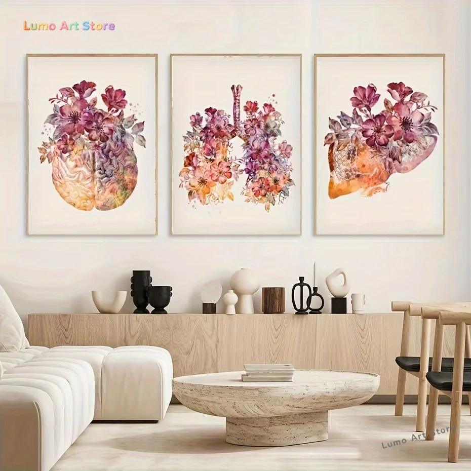 3pcs (Canvas Poster Unframes) Abstract Human Heart and Lung Canvas Art Poster Flowers Symbol Art Decor Painting for Hospital,