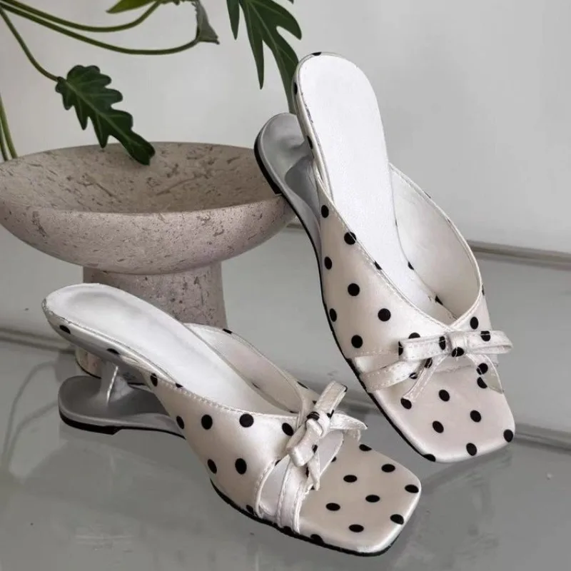 High-heeled Cool Drag Women Wear Square-toe Open-toe Design, Niche One-line Bow Polka-dot High Heels