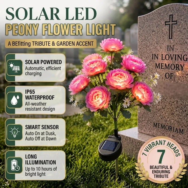 Solar Powered Seven-Head Artificial Peony Flower Lamp, Waterproof LED Light for Cemetery Grave Decoration and Memorial Day.