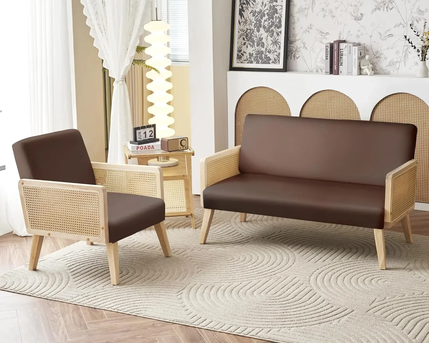 

Rattan Sofa, Sofa Chair for Living Room with Rattan Armrest, Loveseat Sofa Set, Velvet Brown Armchair