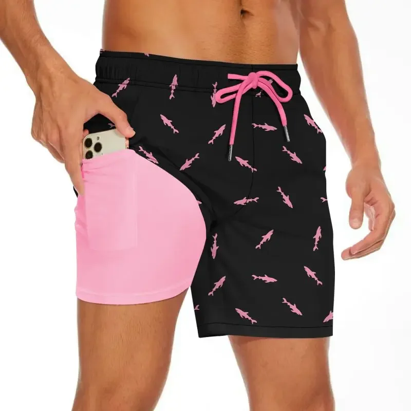 Mens Swim Shorts Quick Dry Beach Board Shorts with Compression Liner Swimming Trunks 5 Inch Shorts with Zipper Pockets ﻿