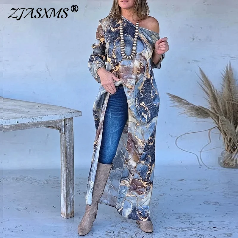 Abito lungo irregolare cavo sexy con una spalla Donna Primavera Texture Stampa Abito da sera allentato Abito Boho a maniche lunghe autunnale Mujer