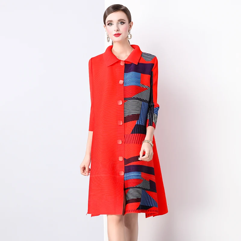 Miyake Pleated Oversize Draped Dress Women Lapel Print Loose Large Size Fat Thin Single-breasted Cardigan Dresses 2024 Autumn