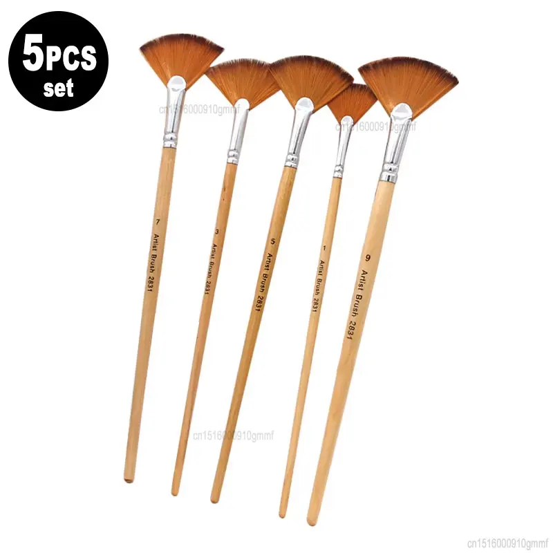 5Pcs Set Fan Shaped Tip Nylon Hair Painting Brush 1# 3# 5# 7# 9# Art For Acrylic Oil Watercolor Wood Handle Sector Paint Brushes