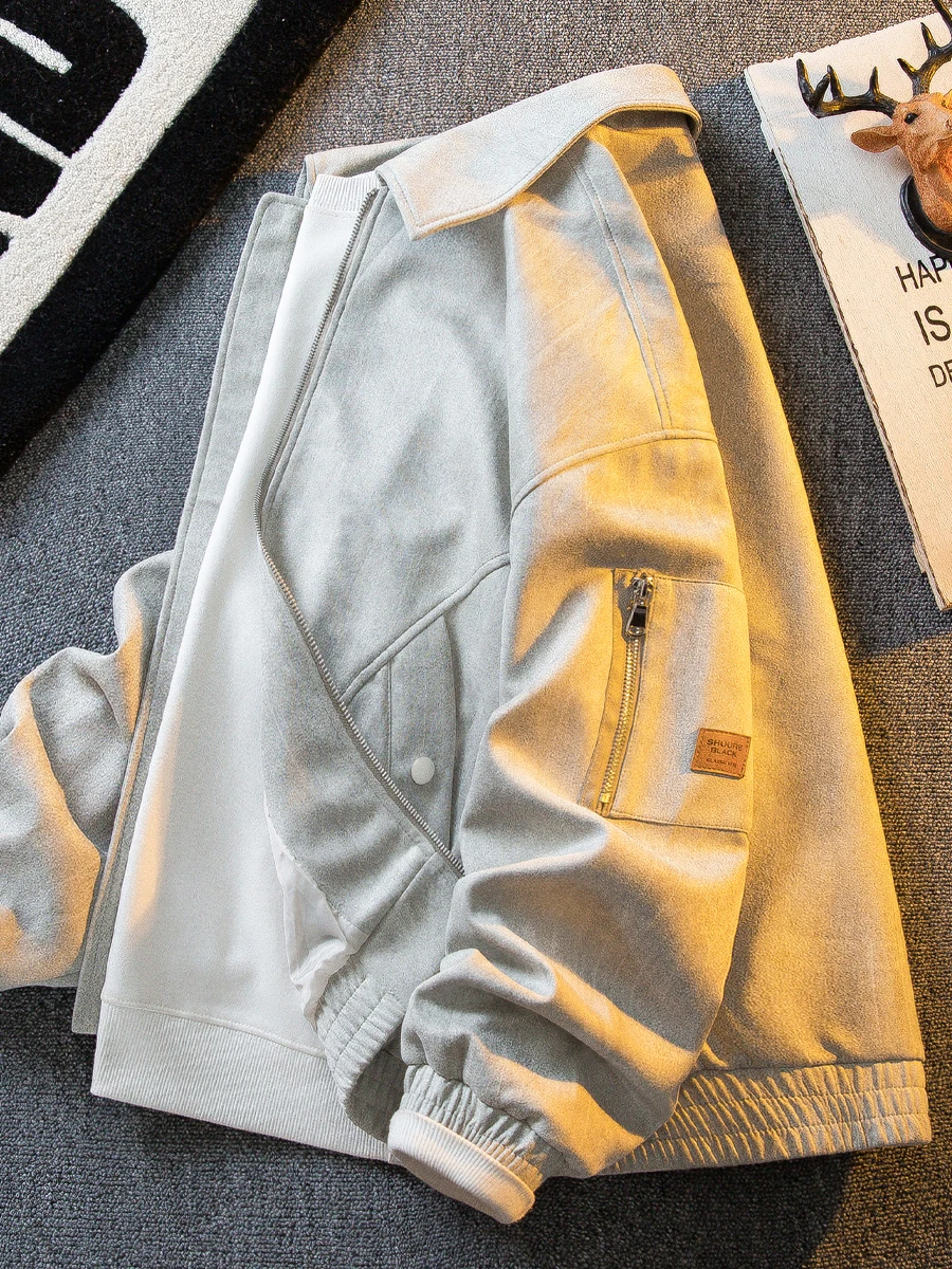 

American Sle Workwear Suede Pilot Jaet Men's Autumn Trendy High-End Feel Stand Collar Coat Spring Autumn Zipper Decorated