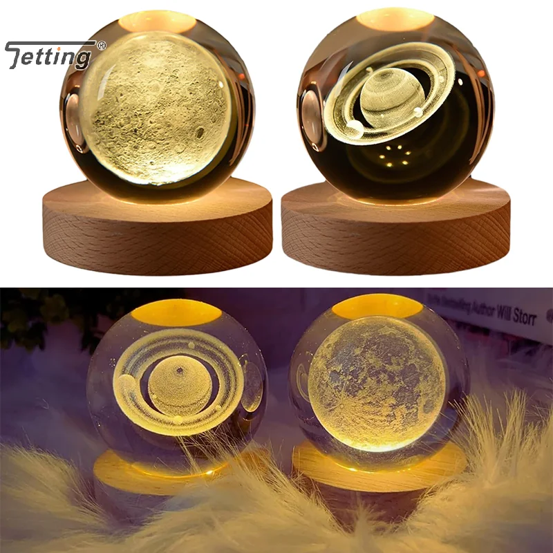 6cm 3D Crystal Ball USB LED Night Light Bedroom Decoration Atmosphere Lamp 3D Planet Moon Lamps Laser Carving Children's Gift