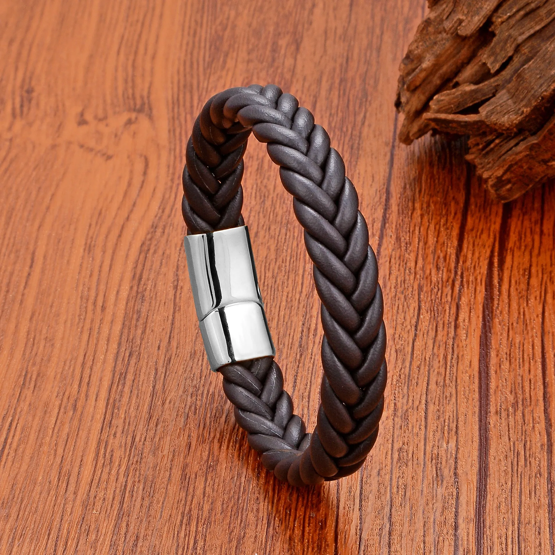 New Simple Magnetic Clasp Bracelet for Men Women,Twist Braided Leather Cord Bracelets Stainless Steel Closure, Minimalist Gift
