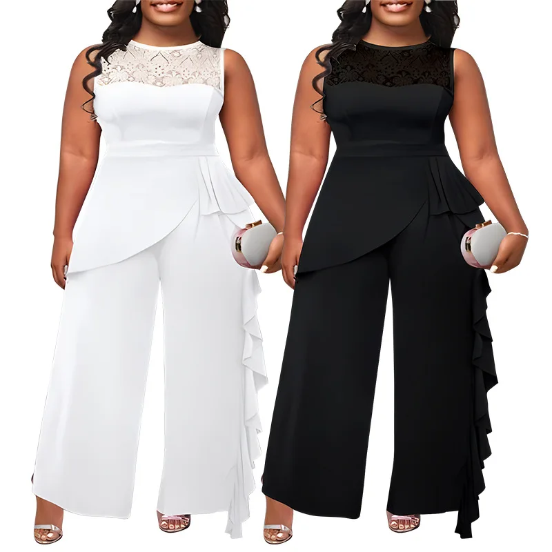Summer New Women's Sleeveless Lace Patchwork Ruffle Wide Leg Jumpsuit Elegant Slimming Casual Comfort Commute All-match Jumpsuit