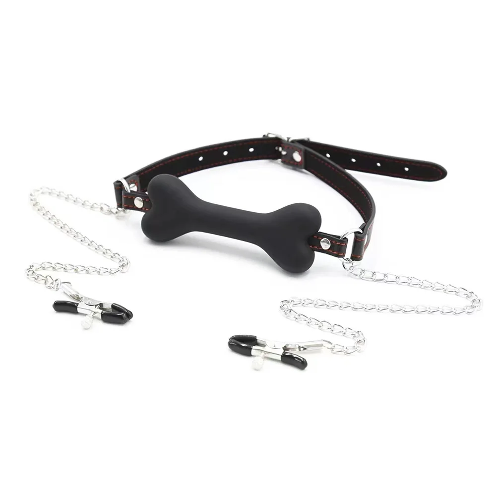 Silicone Cute Solid Dog Bone Ball Gag With Iron Chain Clips Breast Nipple Clamp BDSM Oral Bondage Restraints Set Flirting Fetish