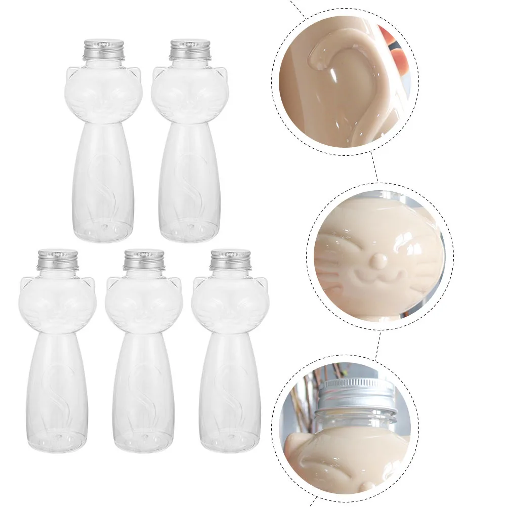 

5pcs Cats Bottle Transparent Pet Reusable Juice Bottles For Cold Drinks Homemade Smoothie Jam Storage Milky Tea Beverage