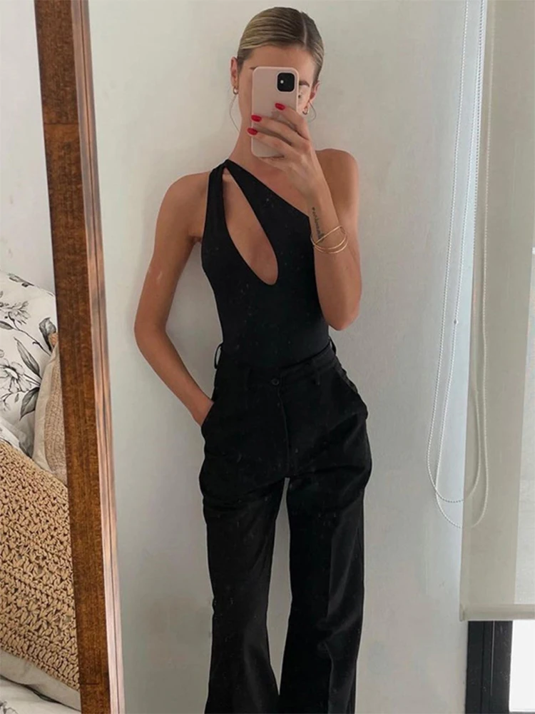 Women's Black Gothic Jumpsuits Vintage Skinny Sleeveless Off Shoulder Hollow Out Playsuits Rompers Sexy Overalls Clothes Summer