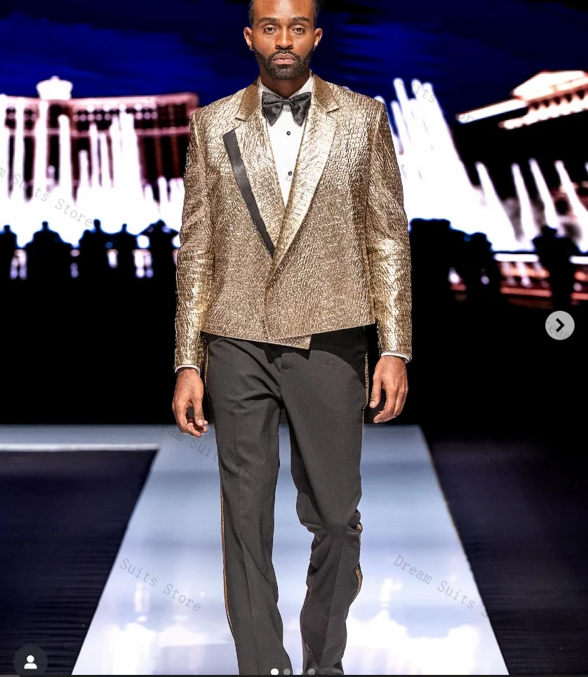 

Shiny Men Suit Set 2 Piece Short Blazer+Black Pant Trousers Customized Formal Office Jacket Groom Wedding Tuxedos Prom Coat