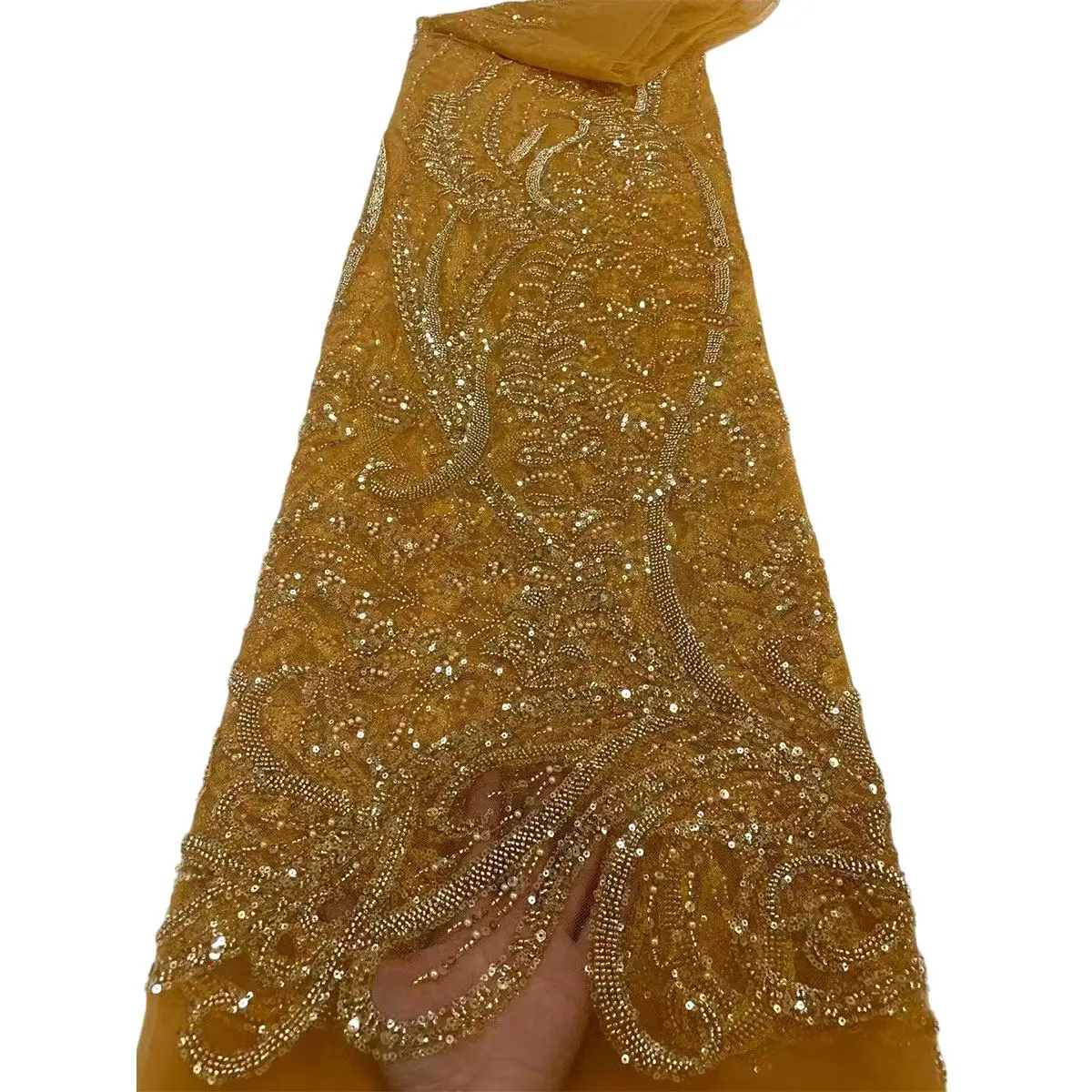 

Роскошная золотая ткань с тяжелой вышивкой пайетками и 3D-цветами для свадебных и вечерних платьев, высококачественные ткани для элитной одежды