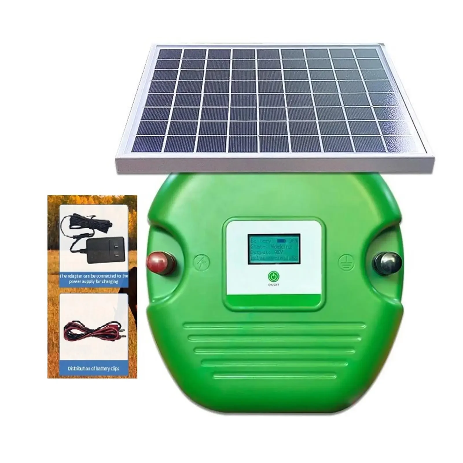 Solar Electronic Fence Charger 10W with LCD Display 1.5 Joules 6.2 Miles Range Lithium Battery for Livestock Farm Sheep Cattle