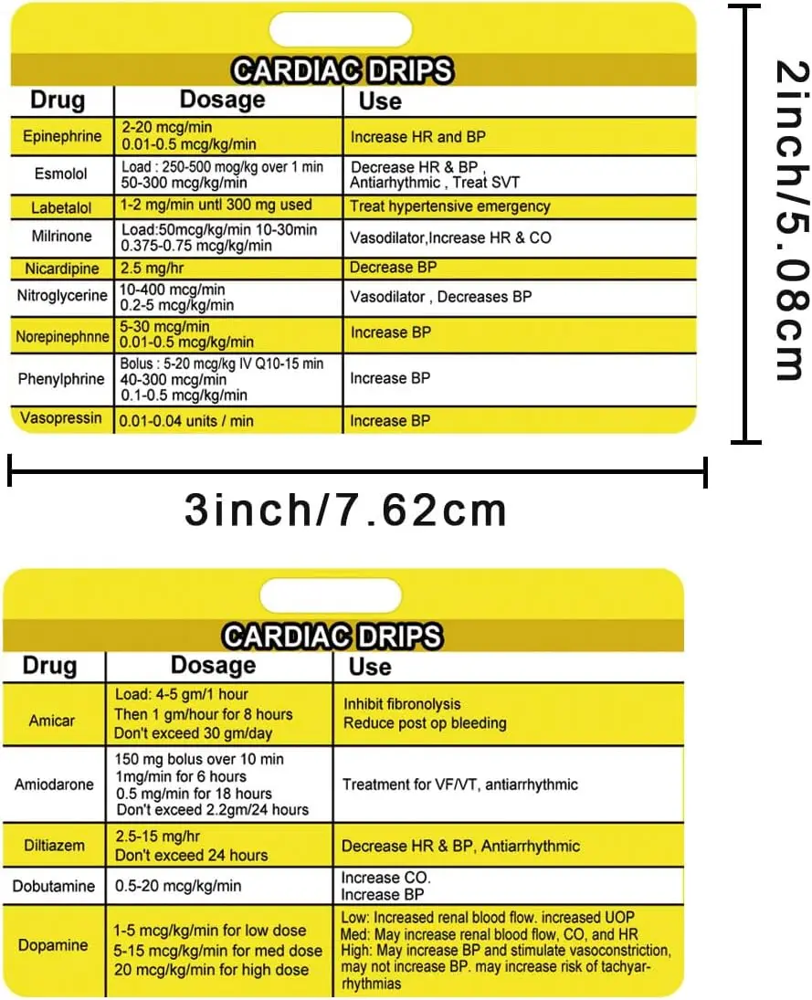 Cardiac Drips Reference Horizontal Badge Card 2x3 Inch Cardiac Badge Card Emergency Nurse Badge Reference Card 4 Pcs