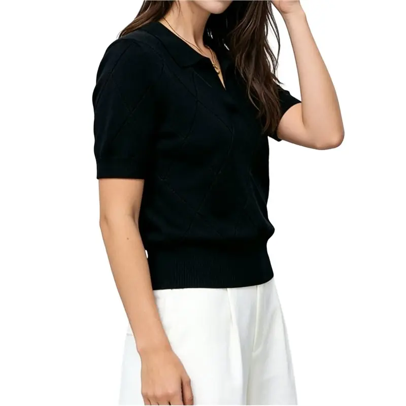 

CYL-Женский трикотажный свитер-поло с короткими рукавами и V-образным вырезом, летний топ
