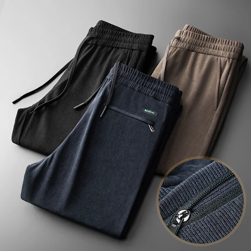 Brand Clothing Autumn Winter Classic Corduroy Casual Pants Men Elastic Waist Business Zipper Jogging Work Grey Trousers Male 4XL