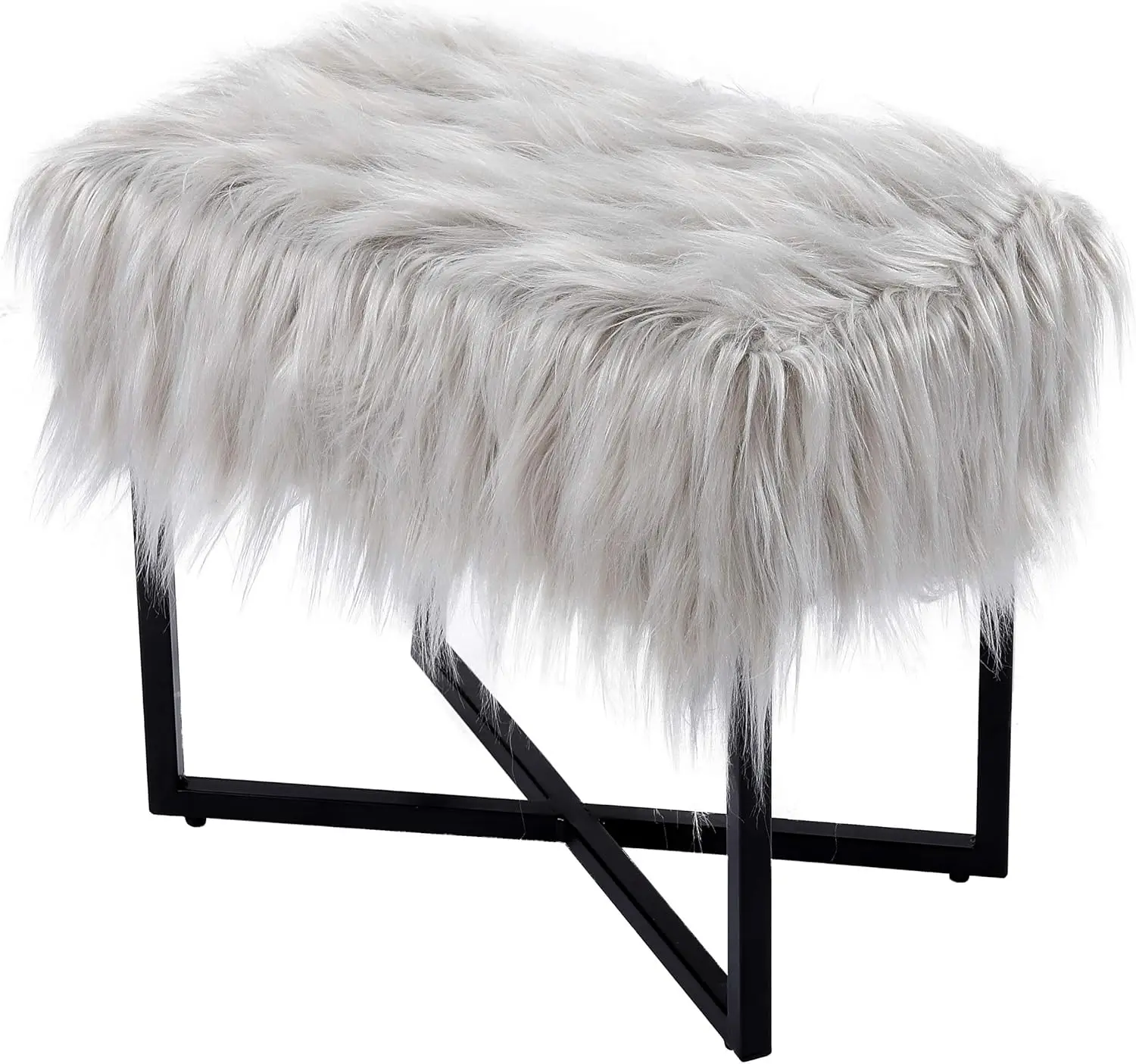 

Rectangular Vanity Stool Ottoman W/Bla Metal Legs - Small Fluffy Makeup Seat - Cute Foot Rest For Bedroom, Desk, Or Dressing
