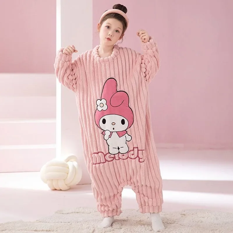 Anime Sanrio Hello Kitty Onesie Pajama Cinnamoroll Kuromi Kid Winter Pajamas Cute Melody Coral Velvet Warm Thickened Girl Pajama