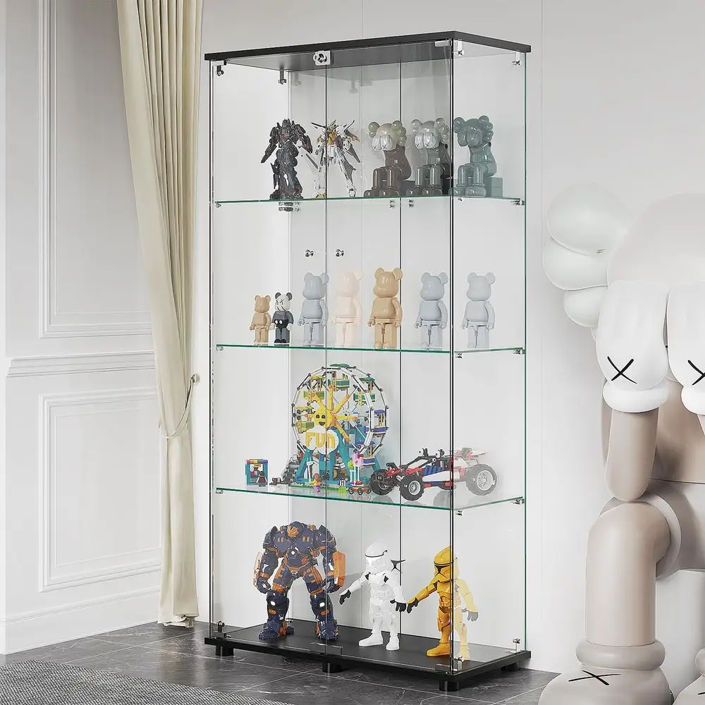 Glass Display Cabinet with 4 Shelves, Double Doors, Floor Standing Display Cage, for Living Room Bedroom Office, 64 x 31.7 x 14